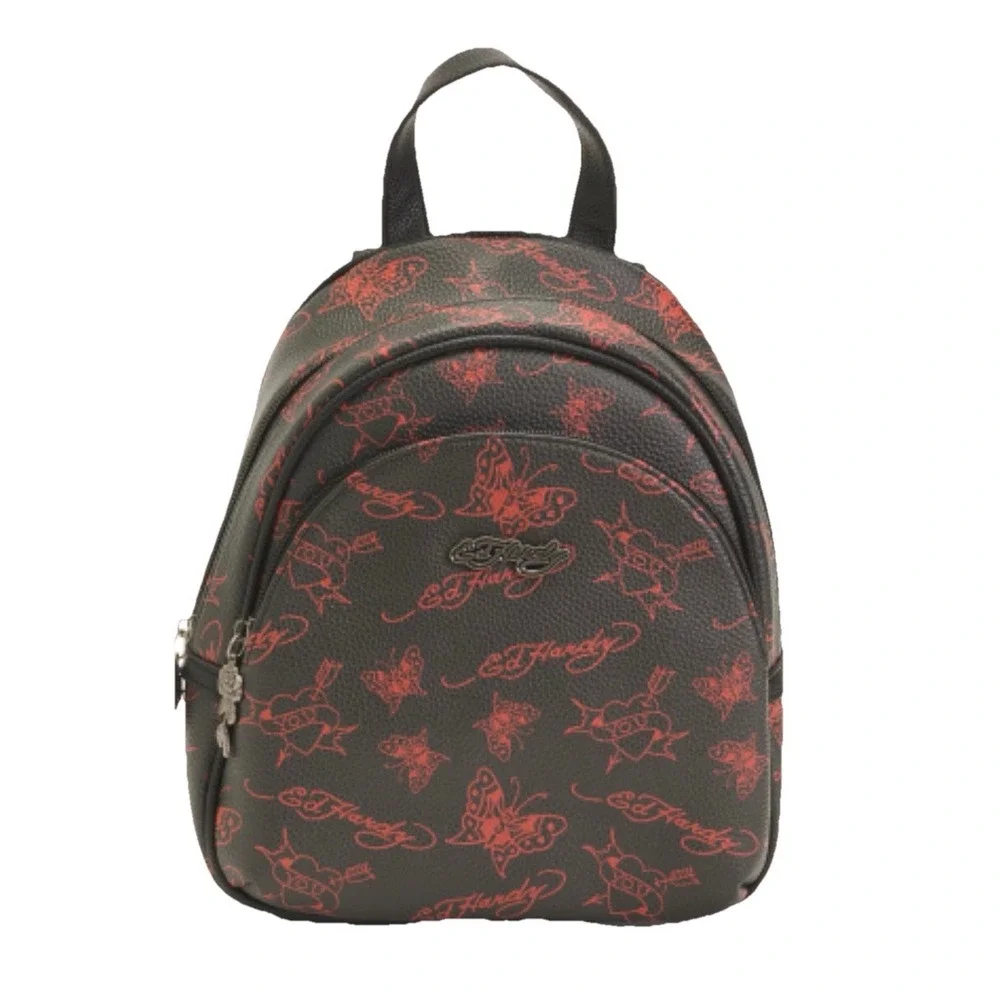 Ed Hardy Women's  Butterfly Design Red/Black Faux Leather Mini Backpack New